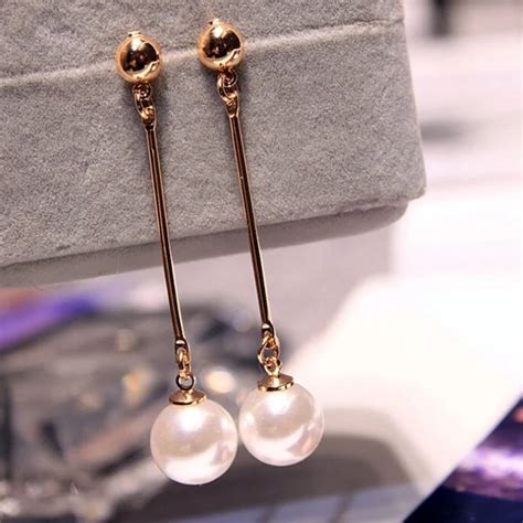 Korean Jewelry Gold Color Earrings Immitation Pearl Temperament Long Woman Paragraph Fashion ...