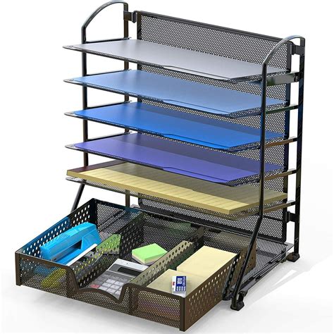 SimpleHouseware 6 Trays Desk Document File Tray Organizer with Supplies Sliding Drawer, Black ...