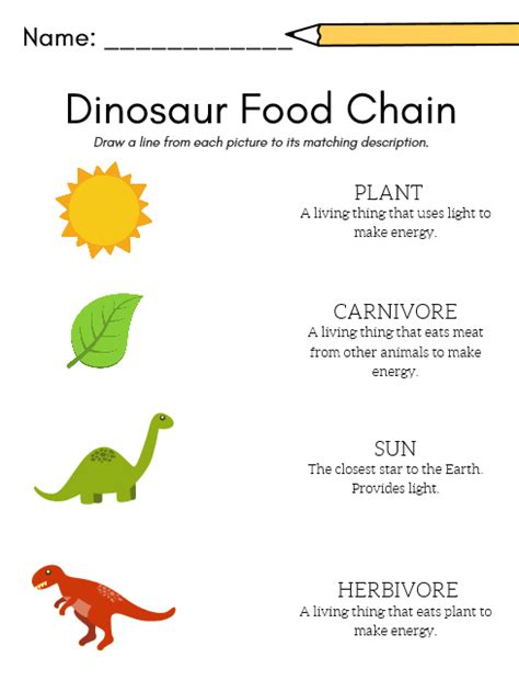 Dinosaur food chain worksheet for preschool and kindergarten (or possibly 1st grade). Review ...