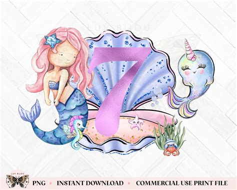 7th Birthday Mermaid PNG, Cute Mermaid PNG, Mermaid Birthday PNG, Under ...