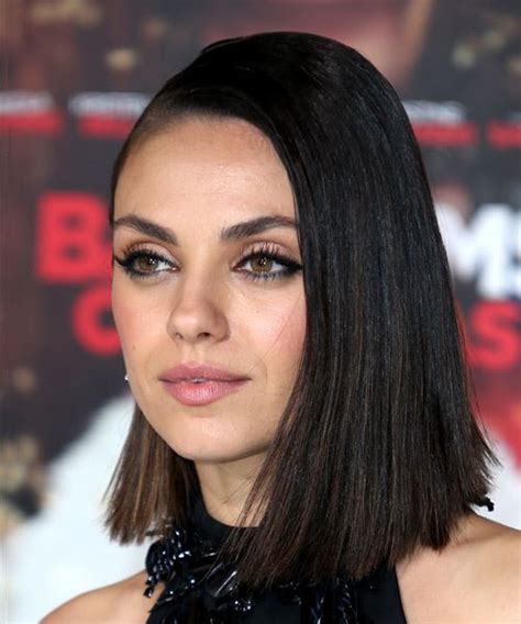 Mila Kunis Medium Straight Black Bob Haircut with Side Swept Bangs