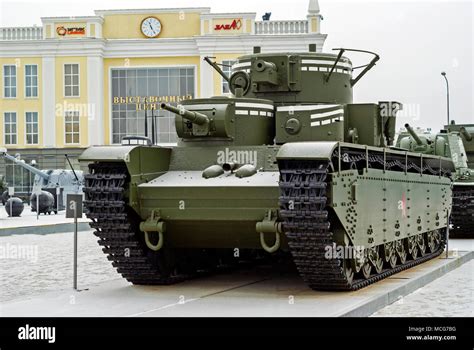 RUSSIA, VERKHNYAYA PYSHMA - FEBRUARY 12. 2018: Soviet multi-turreted heavy tank T-35 in museum ...