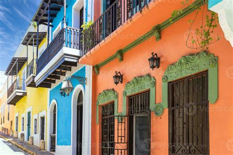 Puerto Rico colorful colonial architecture in historic city center ...