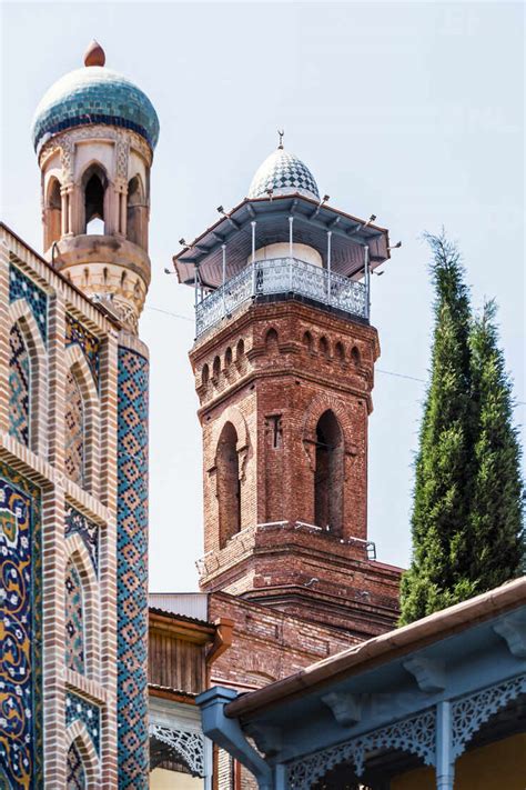 Minaret of Jumah Mosque against clear sky in Tbilisi, Georgia stock photo