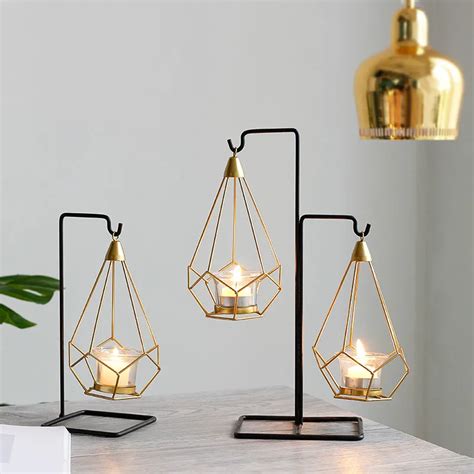 Nordic Style Gold Geometric Candle Metal Tealight Candle Stand Holder with Wrought Iron Hanging ...