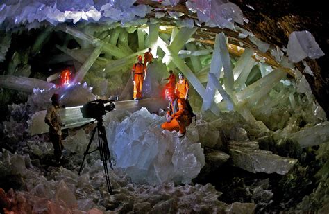 Cave of the Crystals, 980 ft below ground in Mexico. It is extremely hot with air temperatures ...