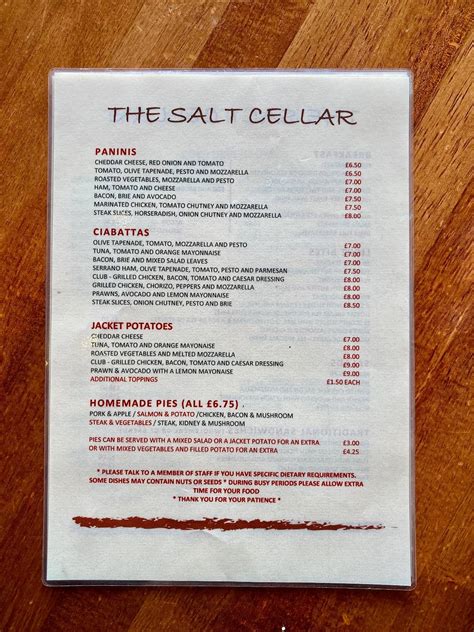 Menu at The Salt Cellar restaurant, Shaftesbury