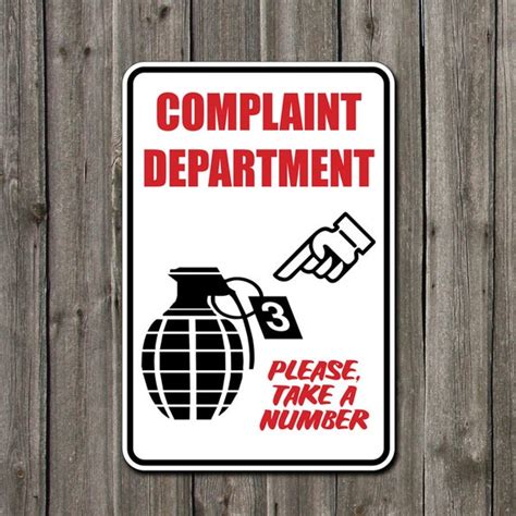 Funny Metal sign complaint department grenade by BlueFoxGraphics