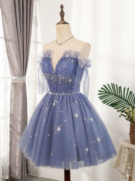 Flowy Cute A-line Blue Homecoming Dresses Short Beading Prom Dress Y00 ...