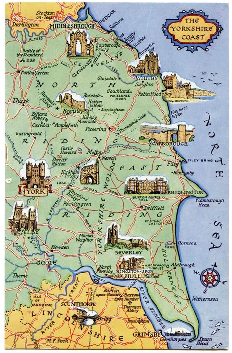 Postcard map of the Yorkshire Coast | Yorkshire england, England and scotland, Yorkshire