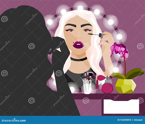 Vector Illustration with Girl Doing Makeup Tutorial at Vanity Table, Mirror and Cosmetics ...