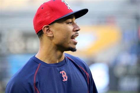 Red Sox outfielder Mookie Betts looks on during batting pr… | Flickr