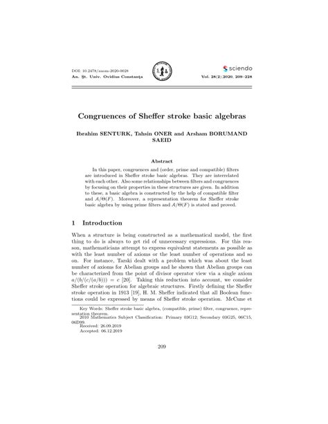 (PDF) Congruences of Sheffer Stroke Basic Algebras