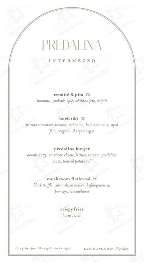 Menu at Predalina restaurant, Tampa