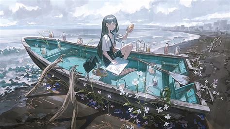 1366x768px, 720P free download | Anime, Original, Boat, Girl, HD ...