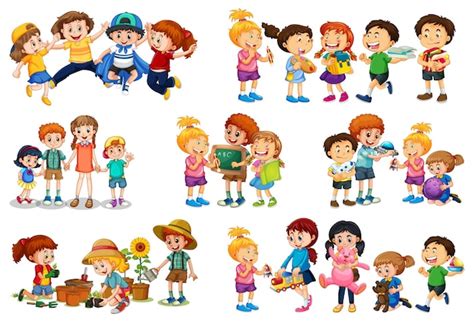 Free Vector | Set of different kid playing with their toys cartoon ...