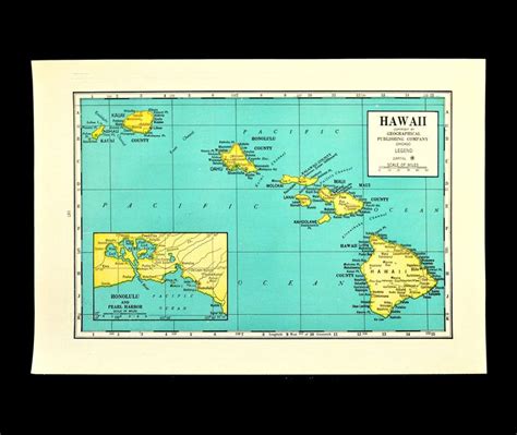 Vintage HAWAIIAN ISLANDS Map of Hawaii Wall Art Matted - Etsy ...