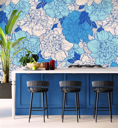 Blue Floral Wallpaper Peel and Stick, Big Flower Wallpaper, Peony ...