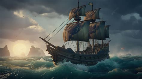 The Pirate Ship Is In The Ocean During An Evening Storm Background ...