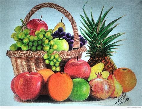 Pencil Color Sketch Of Fruit Bucket | DesiPainters.com