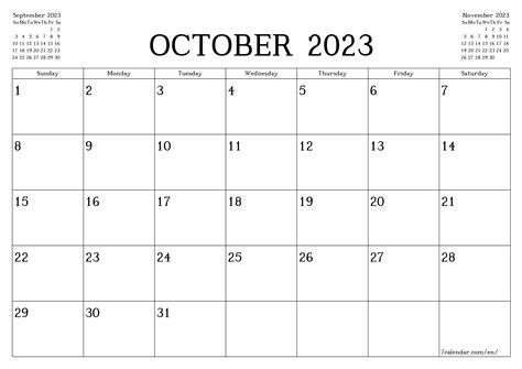 Blank monthly printable calendar and planner for month October 2023