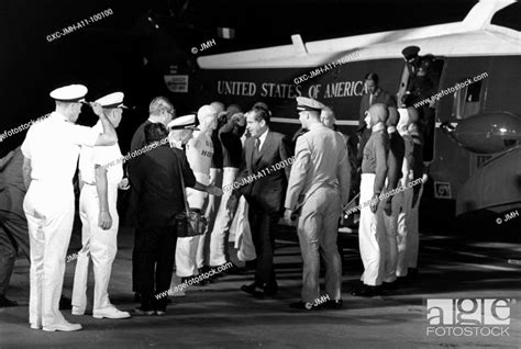 Nixon arrives aboard uss hornet. Apollo 11 mission, first landing on the moon, july 1969, Stock ...