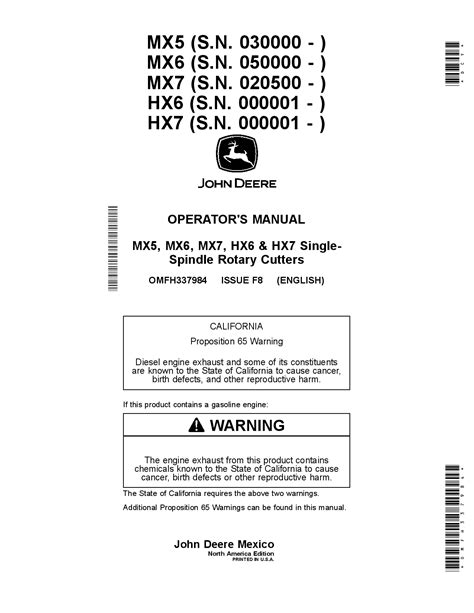 John Deere HX6, HX7, MXS, MX6 & MX7 Single-Spindle Rotary Cutters OMFH337984 Operators and ...