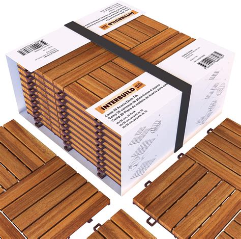 Interbuild Acacia Hardwood Interlocking Patio Deck Tiles, 12" × 12 ...