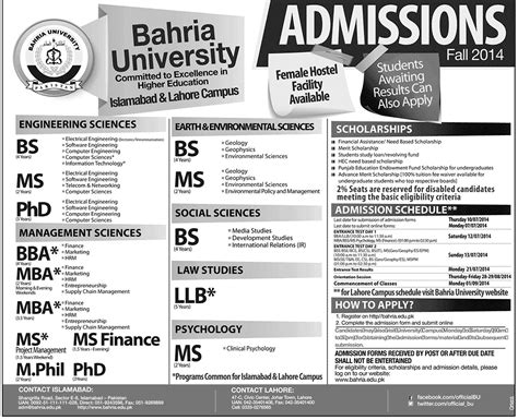 BS MS LLB Admissions in Bahria University Islamabad and Lahore