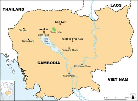 Map showing the locations of the Angkor, Koh Ker, and Sambor Prei Kuk ...