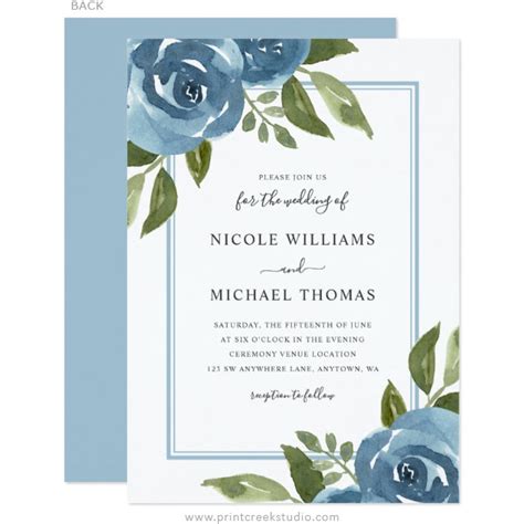 Dusty Blue Watercolor Floral Wedding Invitations - Print Creek Studio Inc