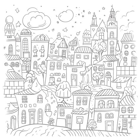 The Hand Drawn City Coloring Page Outline Sketch Drawing Vector, City ...