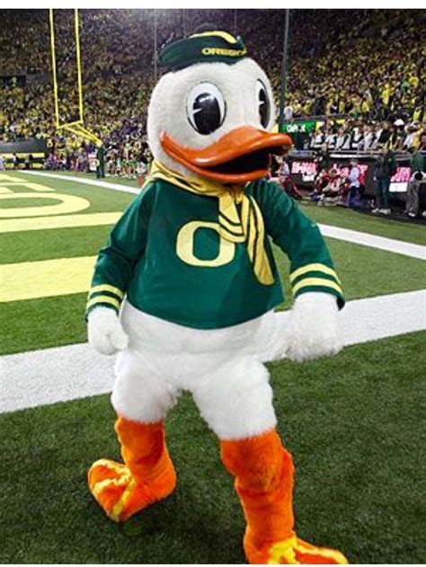 a mascot in a green and yellow uniform stands on the field at a football game