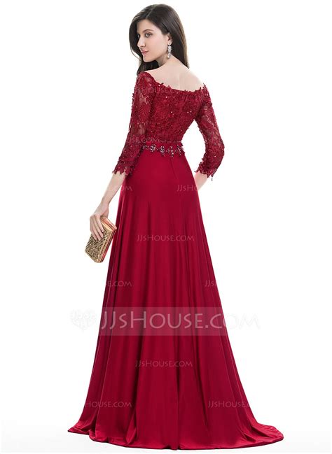 [US$ 191.00] A-Line/Princess Off-the-Shoulder Sweep Train Jersey Evening Dress With Beading ...