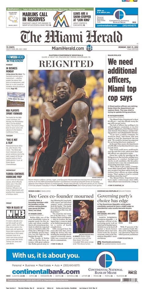 Miami Herald Front Page May 21, 2012: Dwyane Wade, LeBron James Awkwardly Embrace Game 4 Win ...