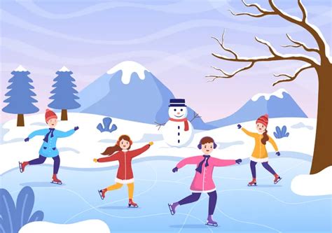 Best Group of friends doing ice skating at frozen lake Illustration ...