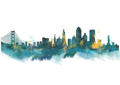 San Francisco City Skyline Art Print in Teal, Watercolour Abstract Art Print Poster, New York ...