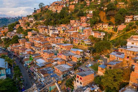 Aerial view of houses on a mountain in the city of Medellin, Antioquia ...