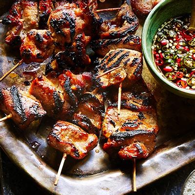 Griddled pork skewers with spicy moo ping sauce