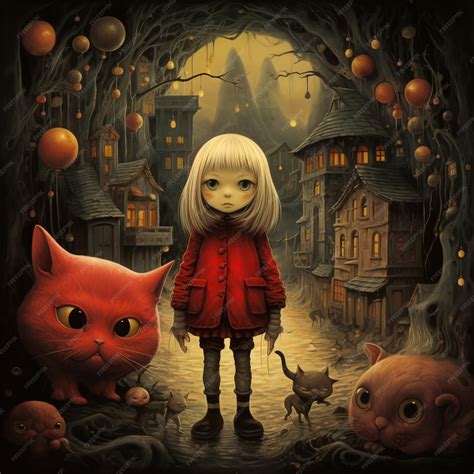 Premium AI Image | There is a girl standing in a dark alley with cats ...