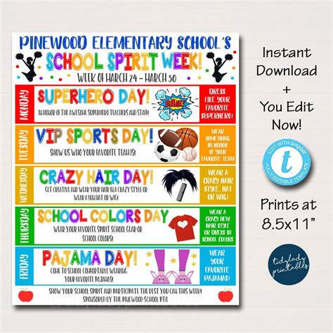 School Spirit Week Itinerary Schedule Daily Weekly Calendar - Etsy | School spirit week, School ...