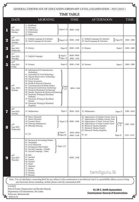 G.C.E. O/L Examination Time Table 2022 (2023) - View Online