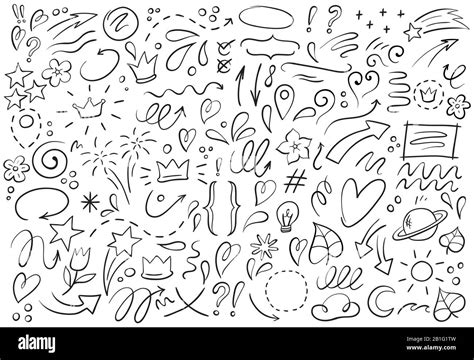 Decorative hand drawn shapes. Outline crown, doodle pointer and heart frame. Doodles lines ...