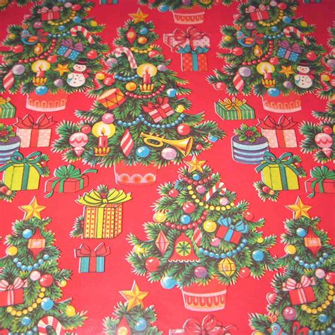 Vintage Red Christmas Wrapping Paper or Gift Wrap with Trees