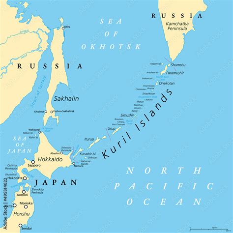 Kuril Islands political map. A volcanic archipelago part of Sakhalin Oblast in the Russian Far ...