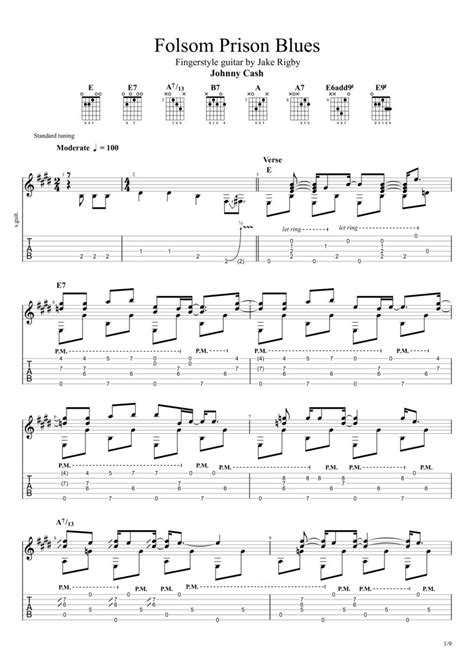 Folsom Prison Blues Fingerstyle Tab & Chords - Johnny Cash