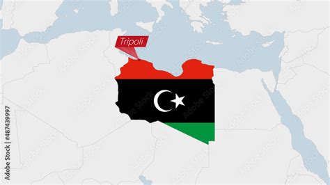 Libya map highlighted in Libya flag colors and pin of country capital Tripoli. Stock Vector ...