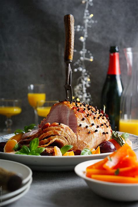 "Table With A Christmas Honey Glazed Ham,side Dishes And Drinks." by ...