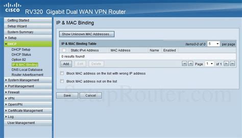 Cisco RV320 Screenshot IPandMACBinding