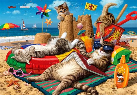 free download | Cats on the beach, colorful, beach, fantasy, luminos ...